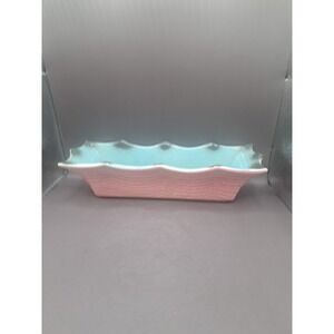 Hull Pottery 82 Pink Ripple Green Blue Rectangle Ruffled Planter 12.5" Vintage
